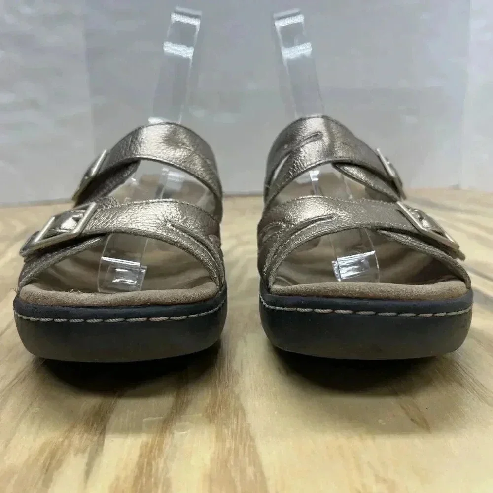 Clarks Collection Women's Slide Sandals Soft Cushion Sz 9.5 Metallic Gold